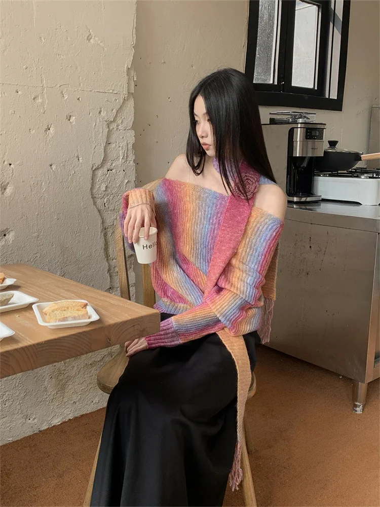 Women Rainbow Pullover Knitted Sweater Y2k 90s Aesthetic Fashion Harajuku Korean Vintage Long Sleeve Sweaters 2000s Clothes 2023