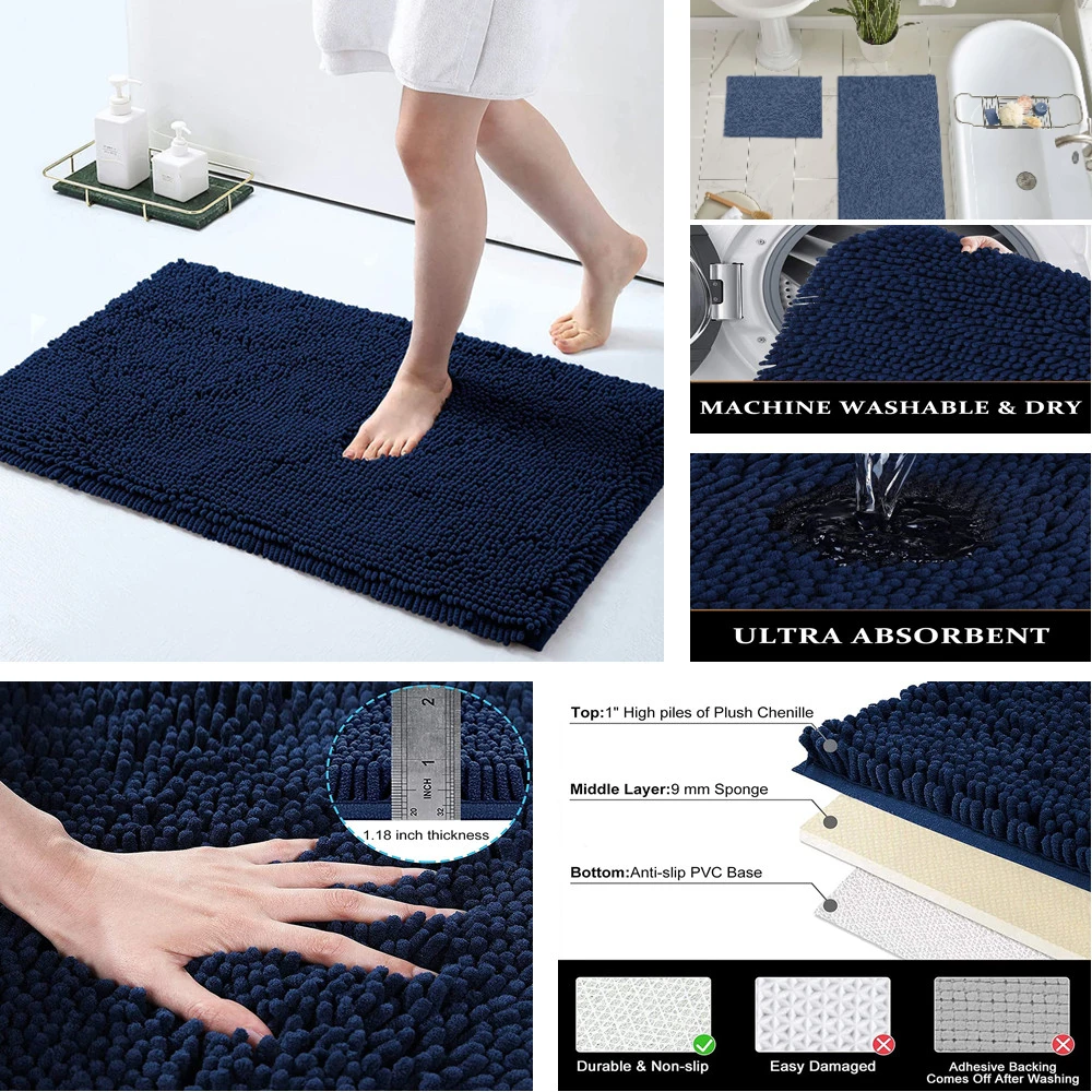 Chenille Bath Rugs Extra Soft Absorbent Shaggy Bathroom Mat Rug Machine Washable Non-Slip Plush Carpet for Tub Shower Bath Room