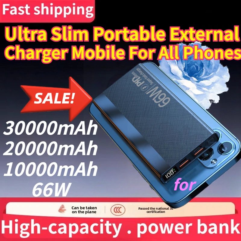 Power Bank 66W 30000mAh 20000mAh 10000mAh Fast Charging Ultra Slim Portable External Charger Mobile Power Bank for All Phones