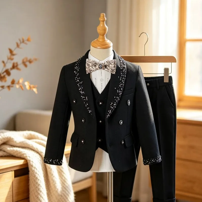 Boys Tuxedo Suit Set Black Beaded Kids Formal Wedding Flower Boy Party Blazer Pants Children Prom Birthday Outfit Wear