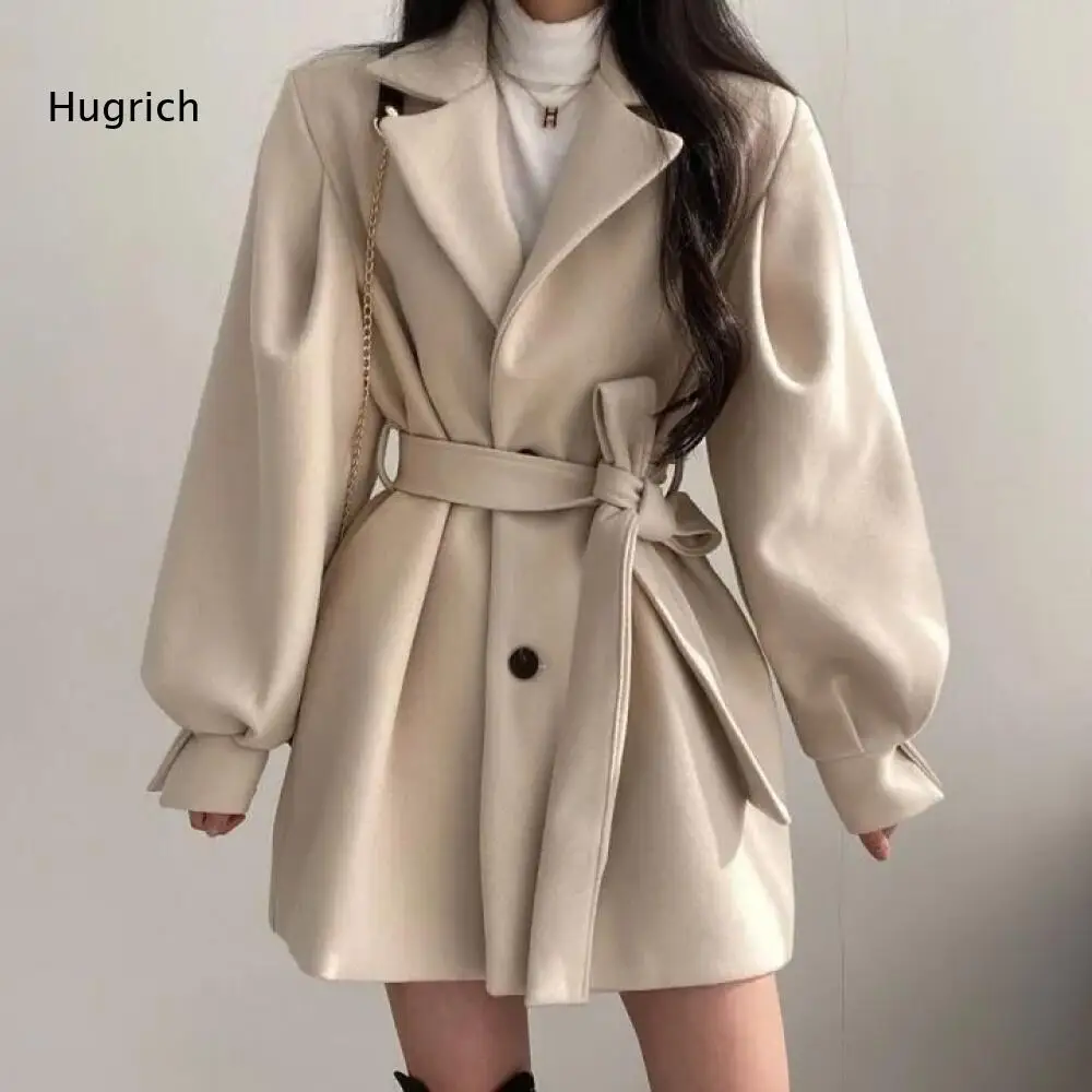 Self Tie Belt Waist Short Outer Coat For Women Notched Lapel Puff Sleeve Single Breasted Loose Winter Outerwear Garment