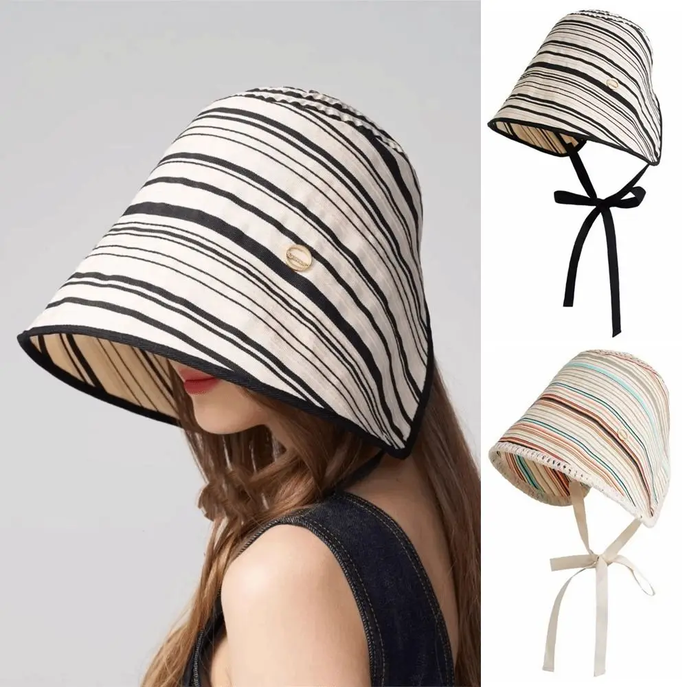 

Casual Ribbon Women Striped Fisherman Hat Solid Color Foldable Summer Sun Hat Wide Brim Cotton Sunshade Hat Camping