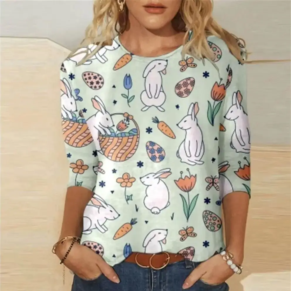 

Ladies Casual Printed round Neck Cropped Sleeve T-shirt Cute Top for Women