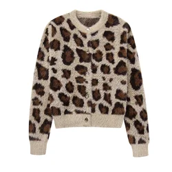 Deeptown Fluffy Leopard Print Cardigan donna Y2k Vintage estetica Crop maglione Mujer Streetwear manica lunga top autunno inverno