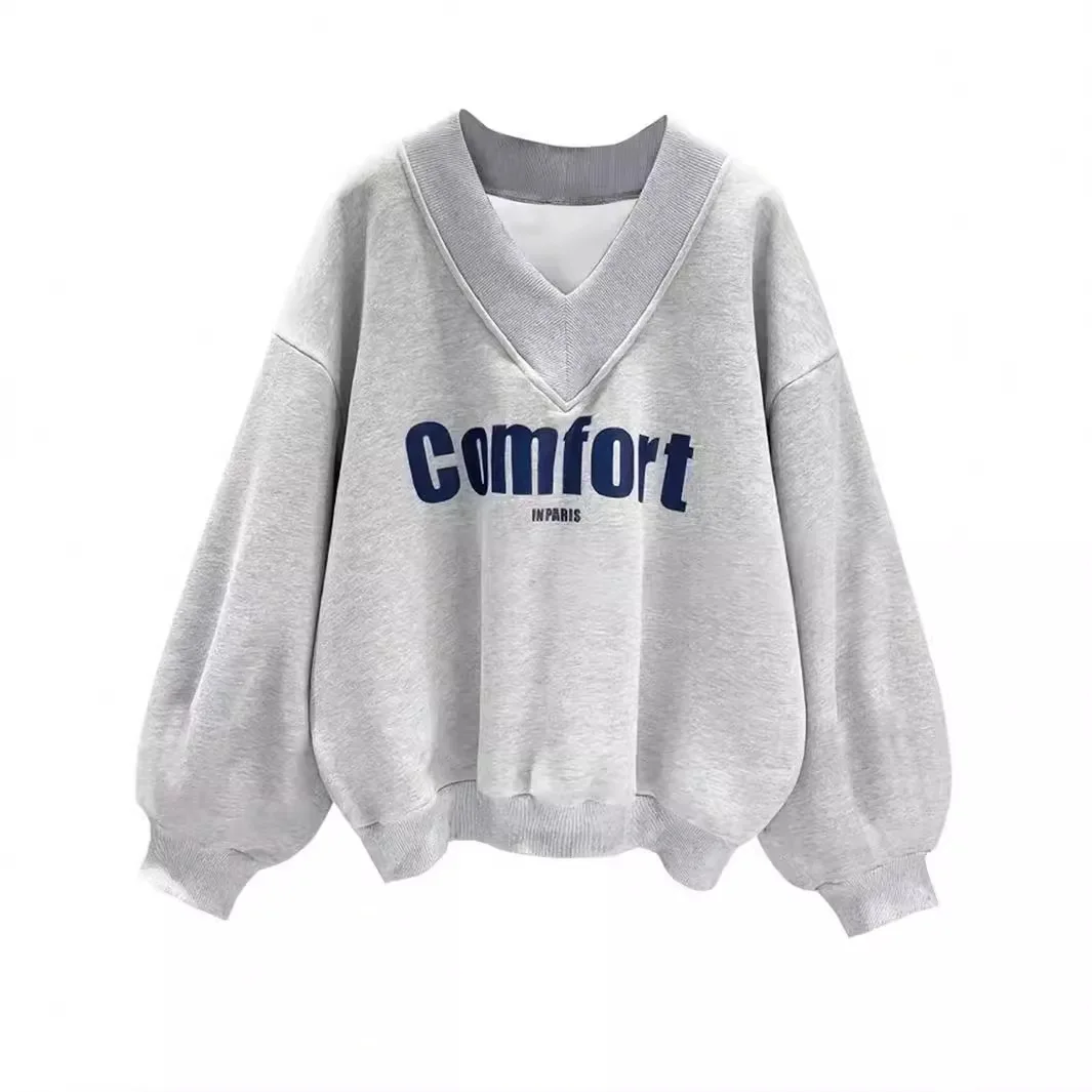 

Letter Print V-neck Women's Sweatshirt Drop Shoulder Long Sleeve Gray Hoodie Pullover Fall Winter Woman Clothing