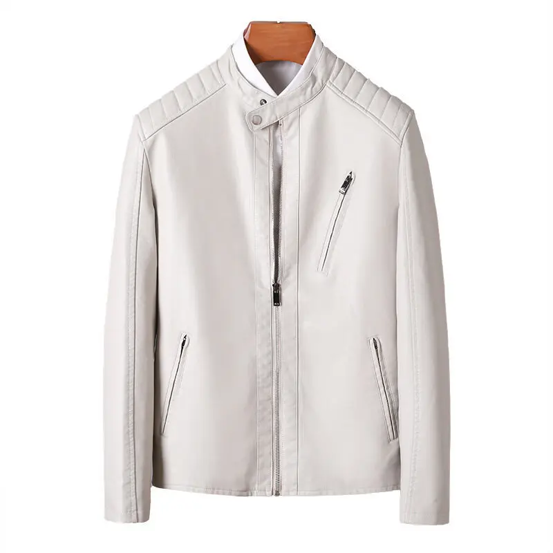 ربيع الخريف الرجال دراجة نارية سترة جلدية عادية الوقوف طوق سليم الأبيض طويلة الأكمام بلايز البريدي الجانب التماس جيب الرجال معاطف