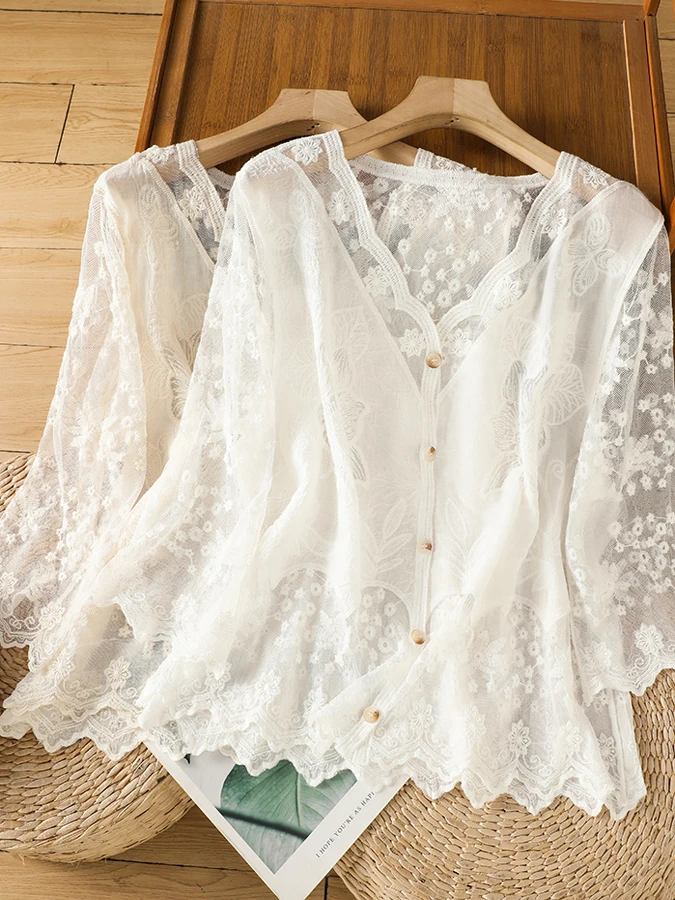Lace Hollow out Seven Sleeve Shirt Women's Spring Summer plus Size Slimming Tummy Covering Small Shirt Top Elegant Style