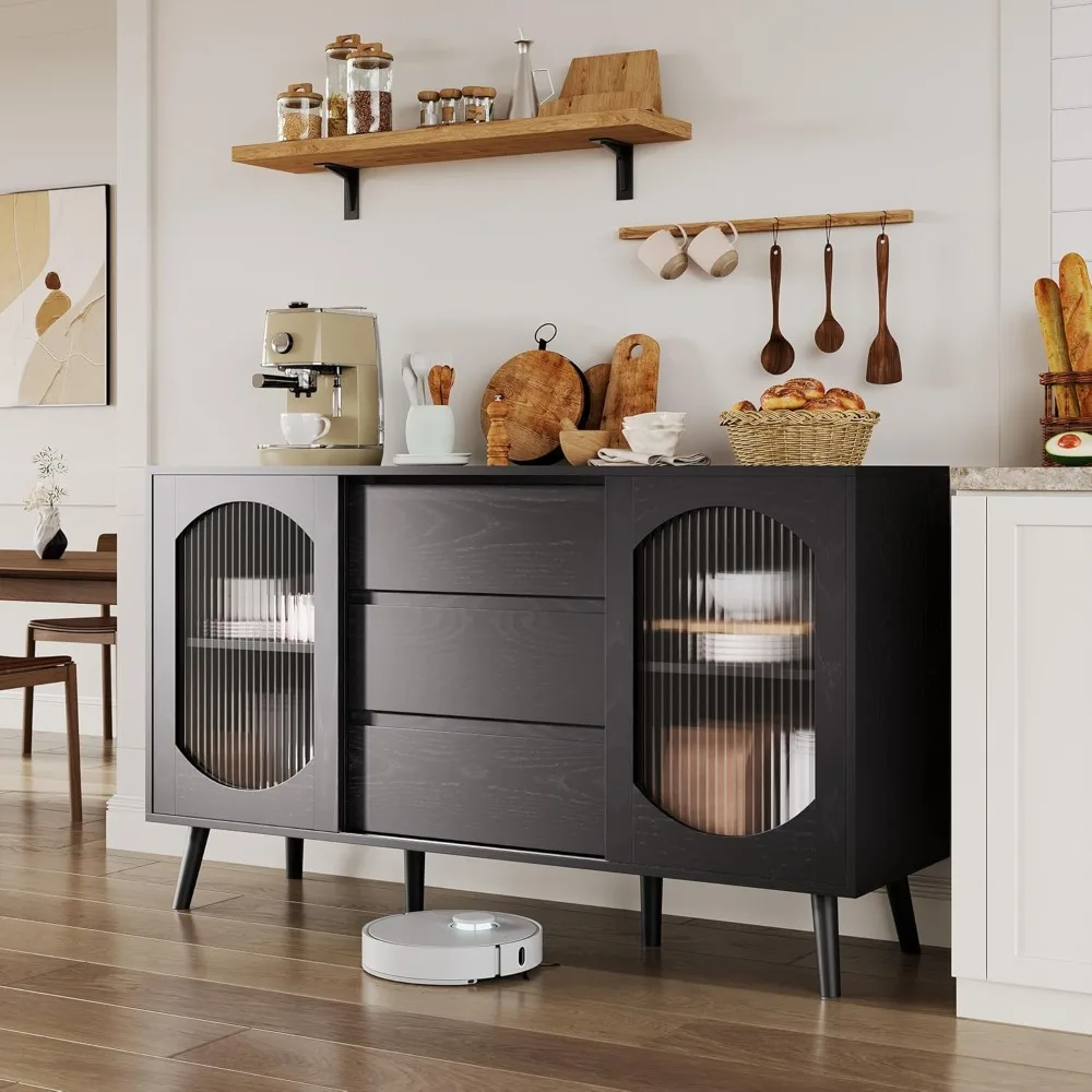 

Buffet cabinet with storage space, side panel cabinet with grooved glass sliding doors and drawers, black side panel for kitchen