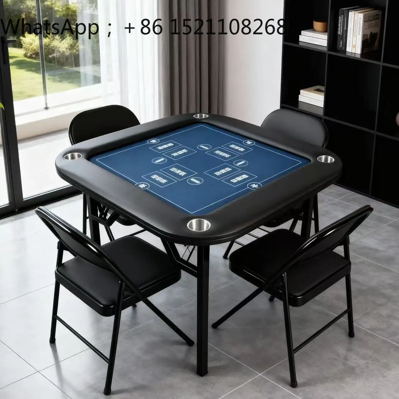 LLY portable folding chess and card table blue special tablecloth integrated metal bracket household four people