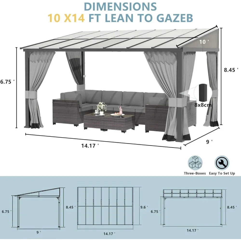 10’ x 14’ Gazebo, Hardtop Lean to Gazebo Canopy Awnings with Sloped Roof and Sturdy Steel Frame, Wall Mount Gazebo Pergola