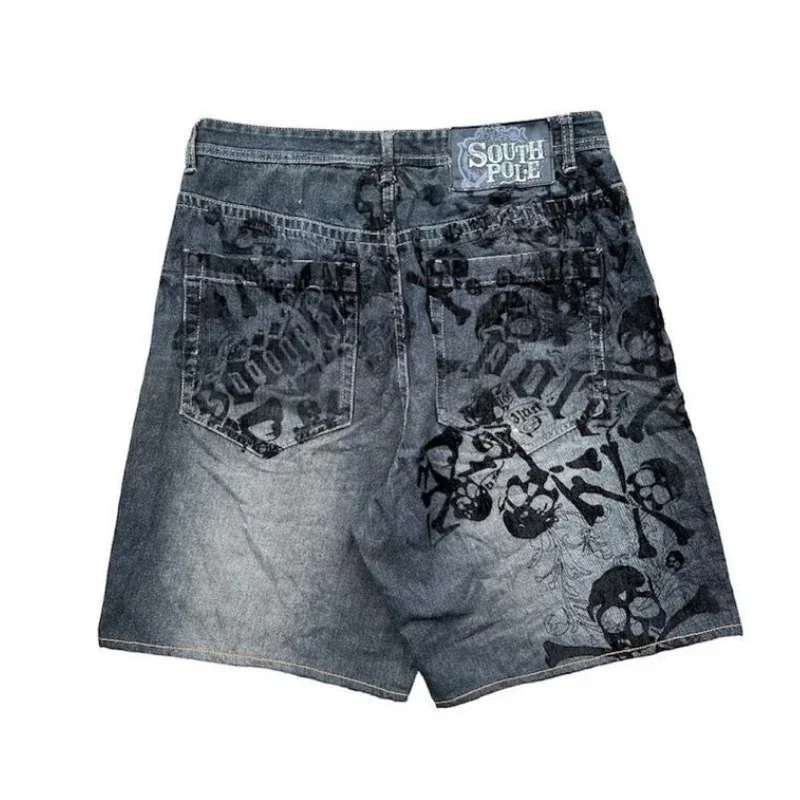 Shorts jeans com impressão de caveira para homens e mulheres, calças retrô e grandes, hip hop, rua americana, gótica, punk, gótica, nova, lavagem, calças de perna larga, Y2K