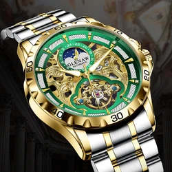 GLENAW Fashion Hollow Men's Bezel Luxury Automatic Mechanical Watch Luminous Waterproof Stainless Steel Strap Watch