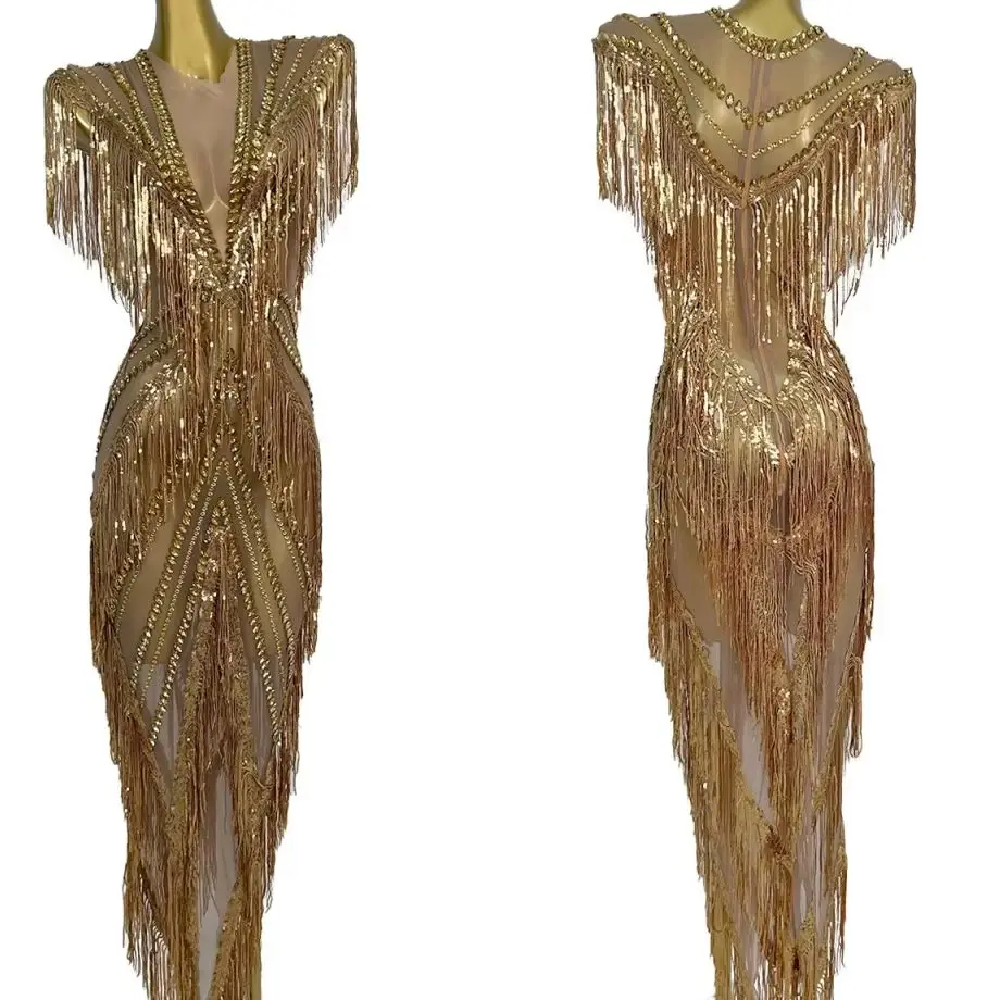 Sparkly Sequins Tassel Rhinestone Long Dress Sheer Mesh Sparkly Sexy Evening Dress Showgirl Drag Queen Performer Wear Shexian