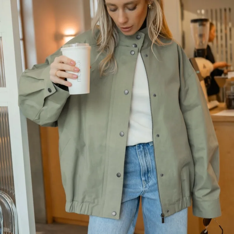 American Tooling Style Stand-up Collar Short Jacket Women's Spring Autumn Loose Shoulder Casual Simple Versatile Commuter Jacket