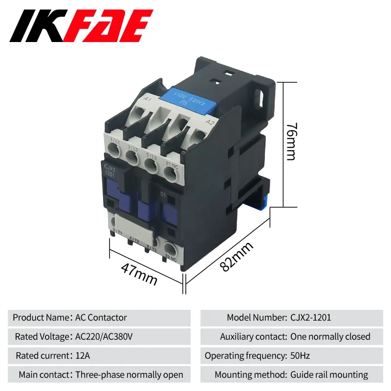 CJX2 Ac Contactor 12A Electric 3 Pole  For Unit 3 Phase 3P+NO Magnetic 380V 220V 110V 36V 24V Normally Closed Contactors