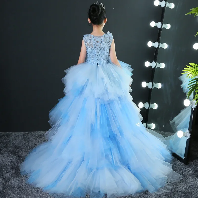 Long Trailing Flower Girls Dresses for Wedding Light Blue Kids Pageant Dress First Holy Communion Dress Party Prom Dress