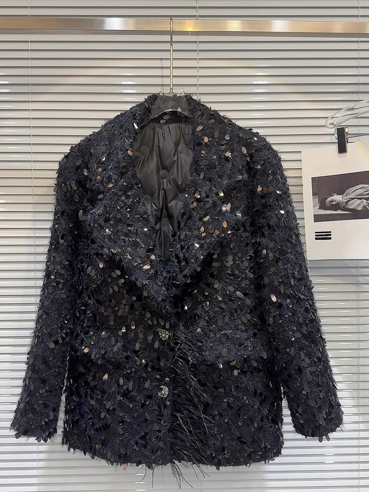 HIGH STREET Newest 2024 Stylish Designer Jacket Women's Diamond Buckle Sequined Tweed Down Inner Jacket