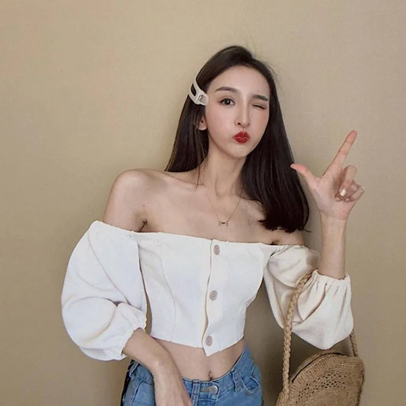 Women Shirt Solid Sexy Spicy Girls Slash Neck Off-shoulder Knitted All-match Trendy Korean Style Crop Tops Summer Streetwear