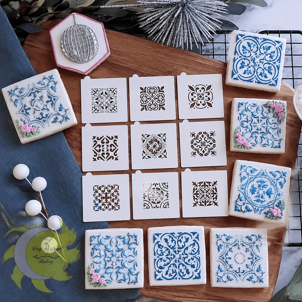 9Pcs Scroll Tile Cookie Stencils, Vintage Pattern PET Template for Royal Icing Sugar Cookie Baking and Card Decoration