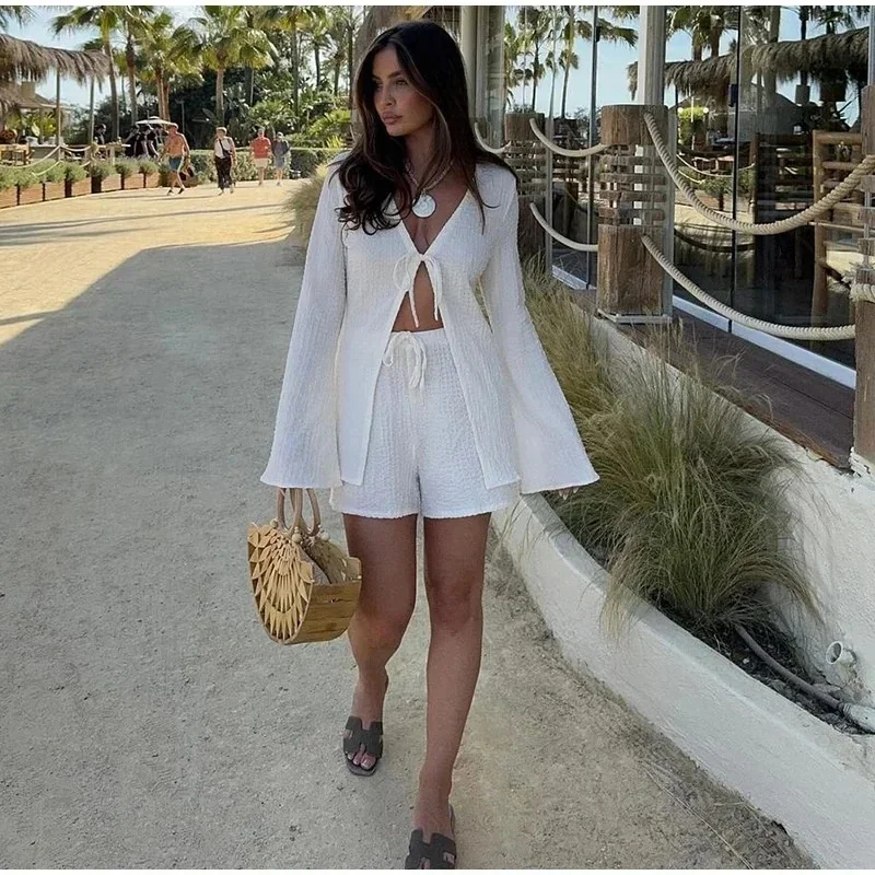 White Lace Up V Neck Long Sleeve Shirt Set Women Fashion High Waist Shorts 2 Pces Sets Summer Casual Loose Female Beach Outfits