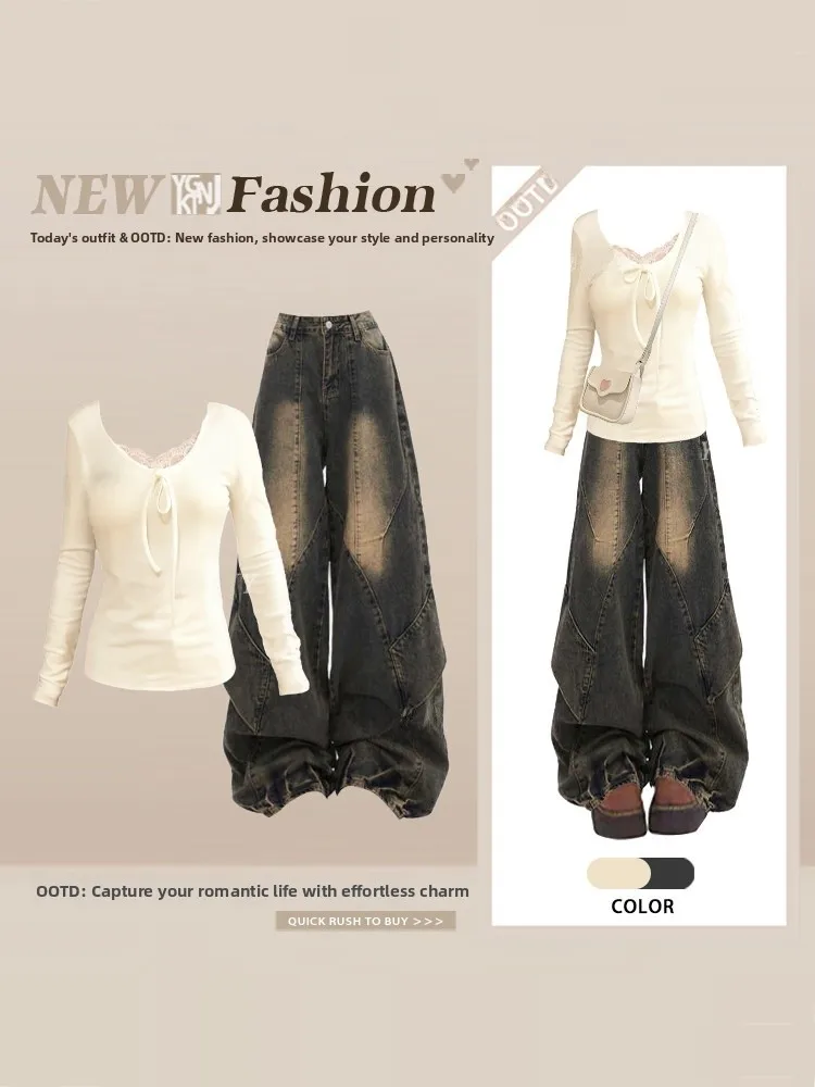 

Slim Fit Knot Top And High Waist Jeans Women's Faion Set Spring Season Long Sve round Ne Knitted Sweater