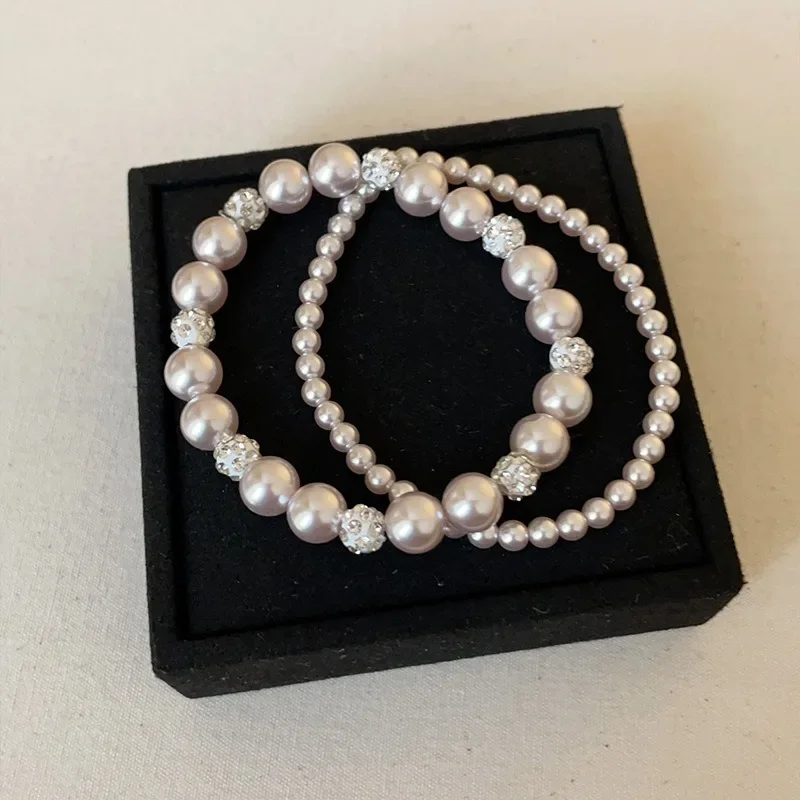 

Statement Shiny CZ Cubic Zirconia Ball Imitation Pearl Beaded Strand Bracelets for Women Femme Elastic Casual Accessories