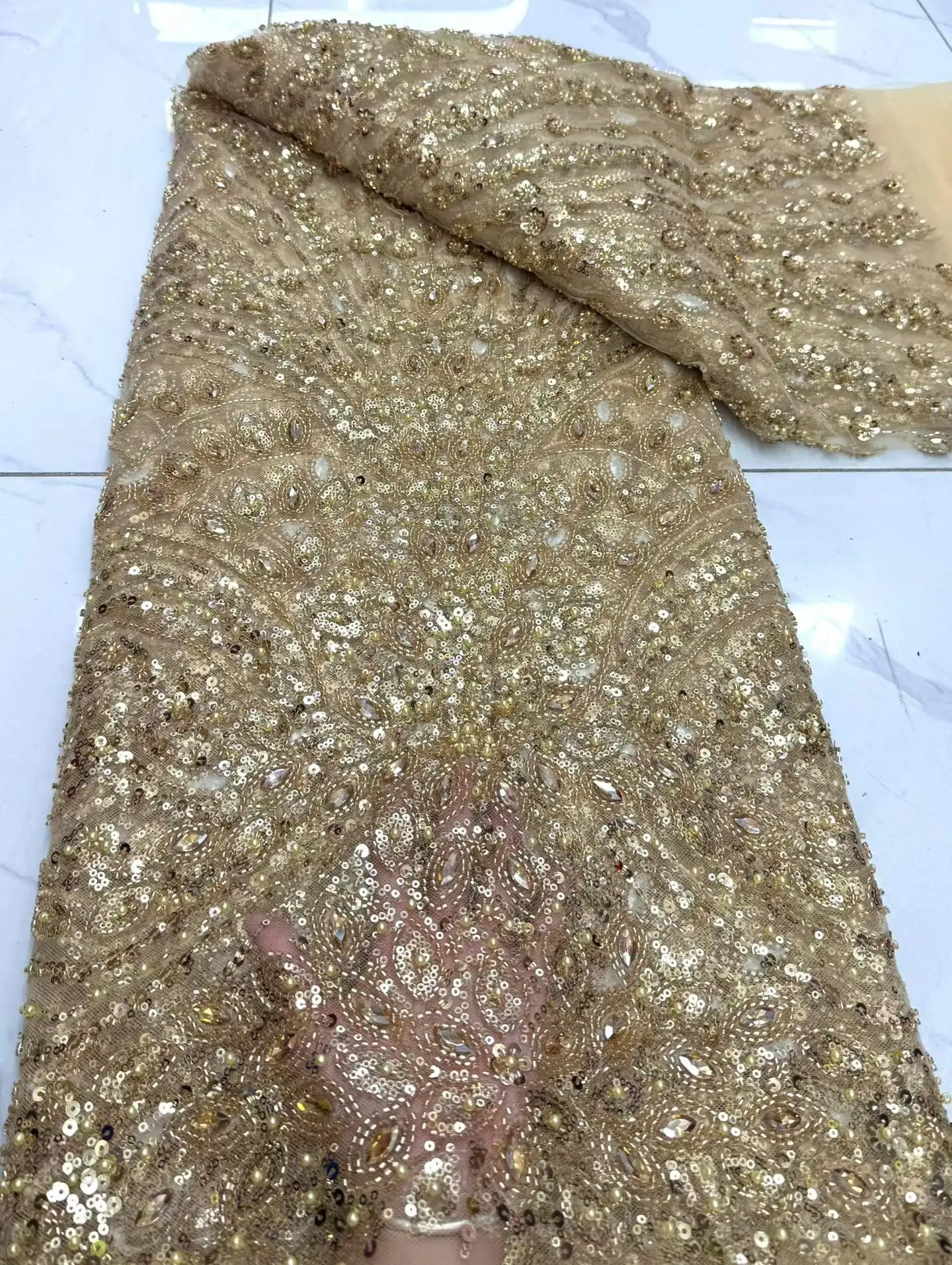 

5 Yards Luxury African Heavy Beaded Lace Fabric High Quality French Sequin Lace Nigerian Lace Fabric Party Wedding Dress