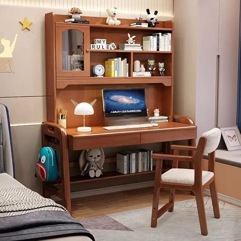 

Solid wood desk computer desk with bookshelf integrated home student writing desk room simple
