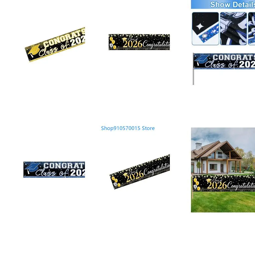 B95C Elegant Black Gold Graduation Banners Backdrops For 2026 Senior Year Parties