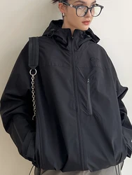 Chaqueta cortavientos Vintage Y2K para mujer, chaqueta Bomber, ropa de calle con capucha, prendas de vestir exteriores de gran tamaño, ropa técnica de Hip Hop, abrigo negro