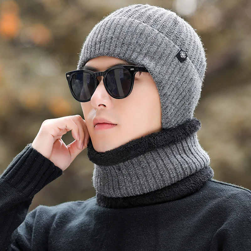 Outdoor Cycling Men Hat Scarf Two Piece Set Winter Warm Ear Protection Knitted Hat Solid Color Wool Hat Windproof Thermal Fleece