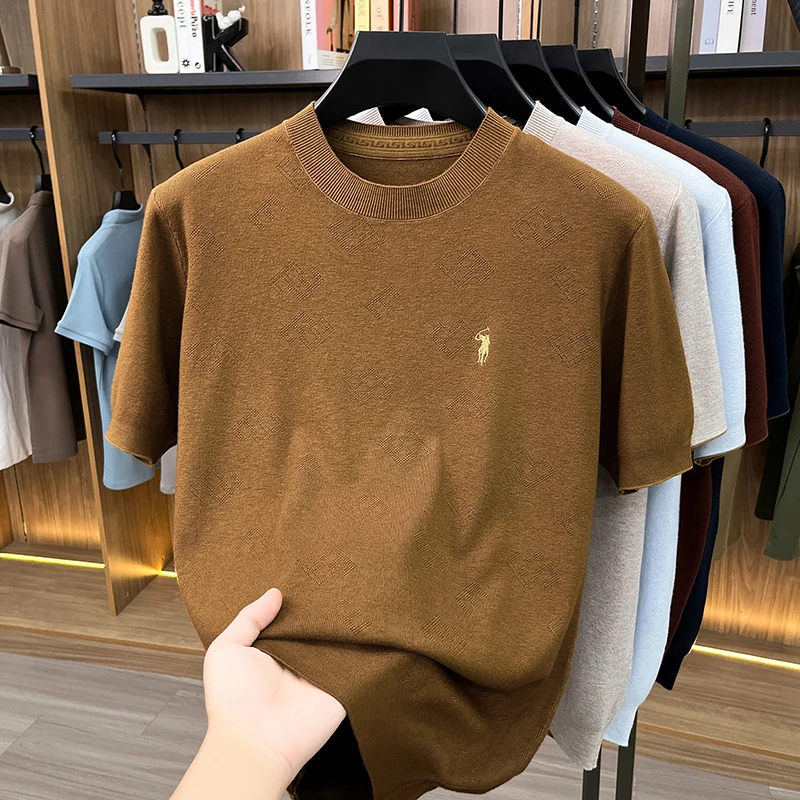 High-end Men's Crew Neck Knitted Sweater Casual Embroidered Trendy Base Shirt Short-sleeve T-shirt Solid Color Top for Summer