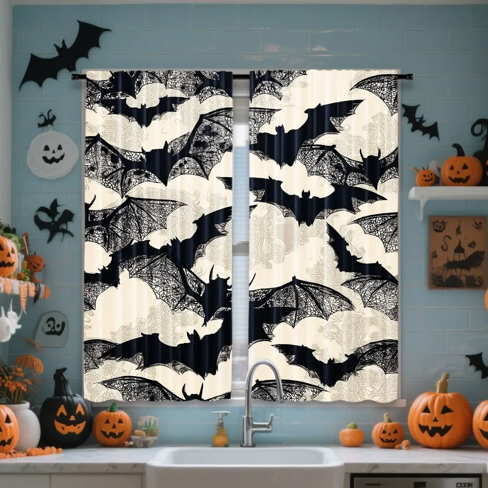 2PCS Digital Print Curtains, Gothic Bat Black Floral, Gothic