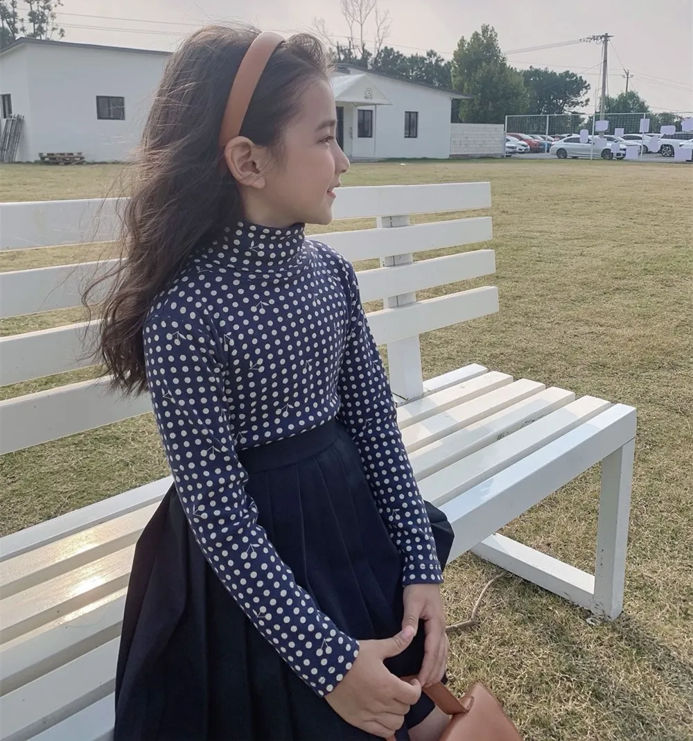 

Осенне-зимняя детская одежда, свитера, вязаная толстовка с высоким воротником для девочек, модный топ с вишневым узором и принтом в горошек