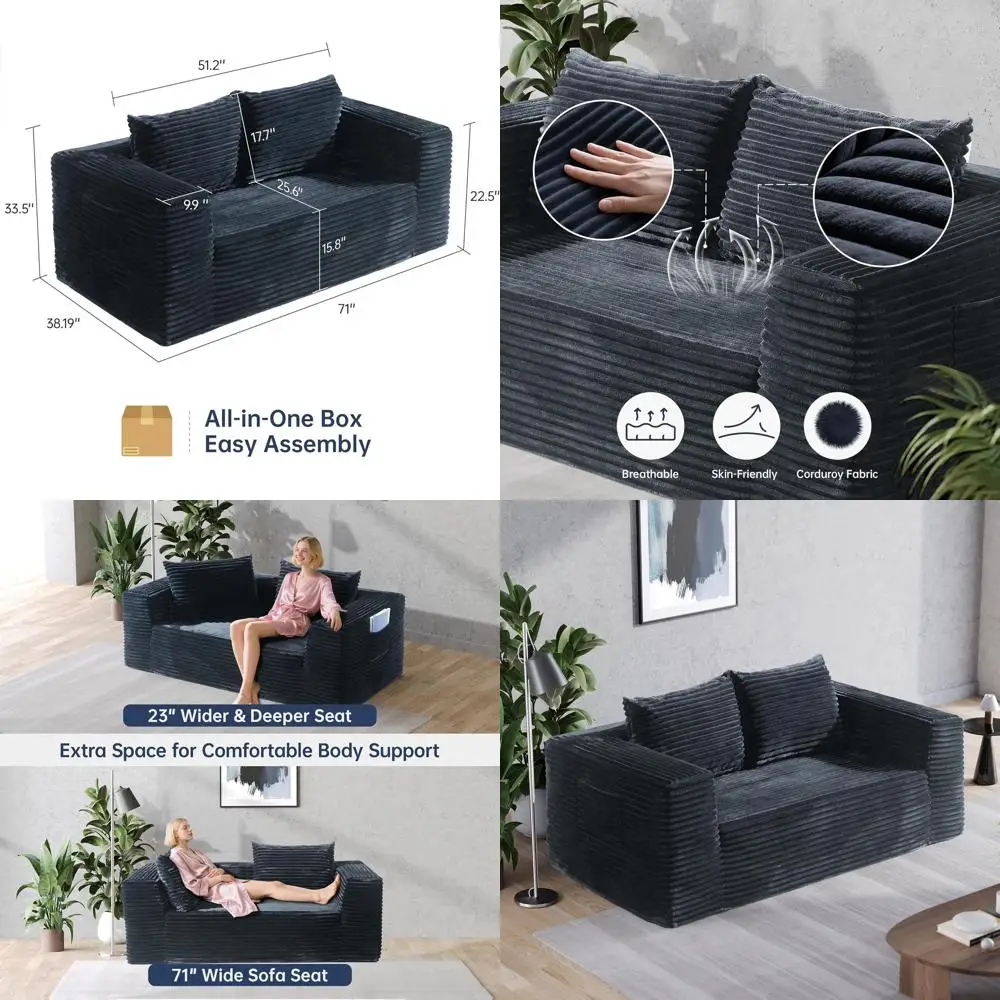 

Диван-софа 71 Deep Seat Plush Corduroy Loveseat, готовый к использованию, идеально подходит для небольших помещений и офисов
