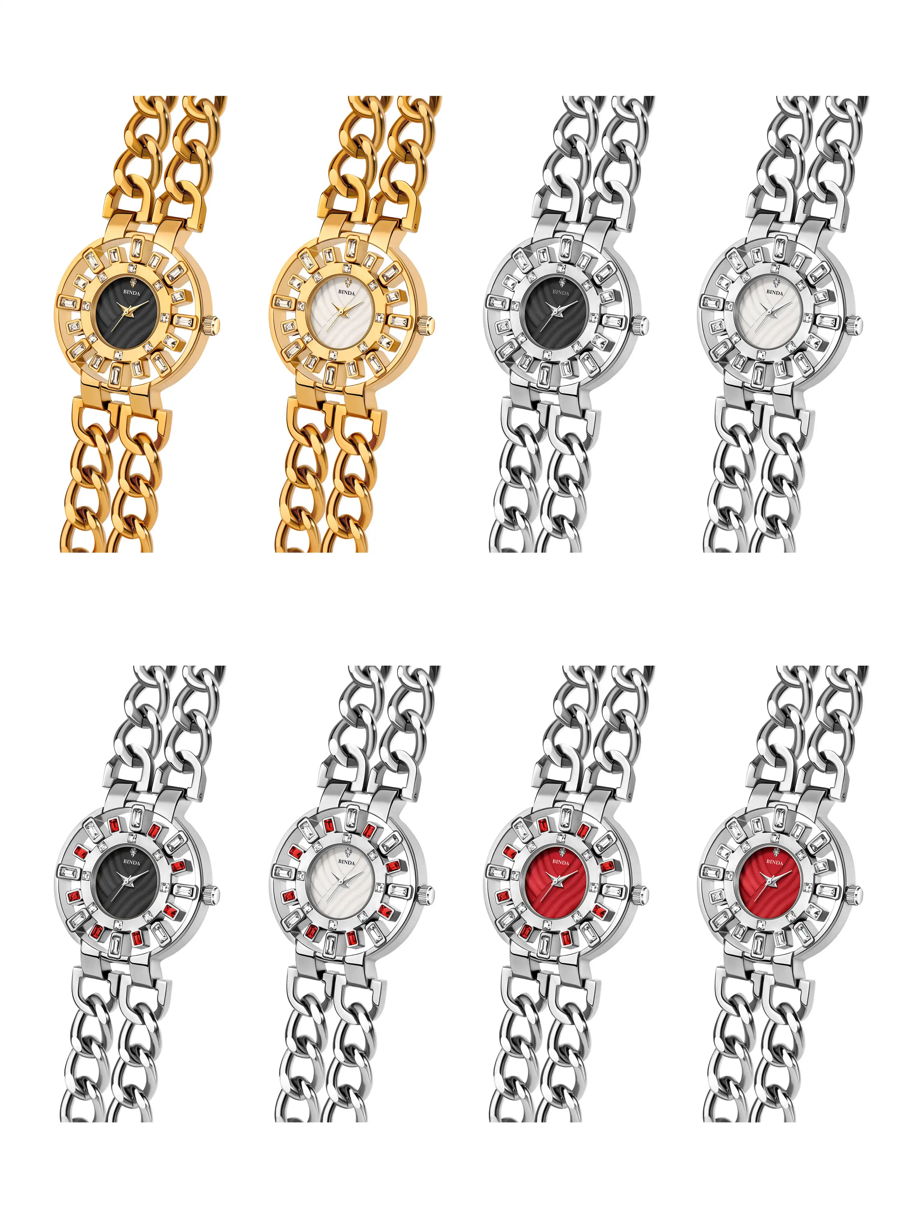 【Binda】قطعة واحدة من سوار كوارتز نسائي - حزام سلسلة ذهبية، مينا كريستال منقوش ثلاثي الأبعاد، ساعة عصرية فاخرة مع صندوق هدايا