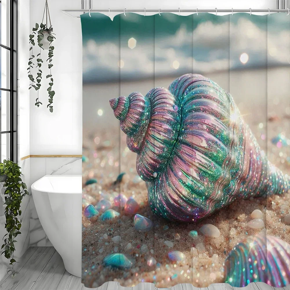 Digital Printing Colorful Conch Shell Shower Curtain, Bathroom Decorative Shower Curtain, Waterproof Shower Curtain with Hooks