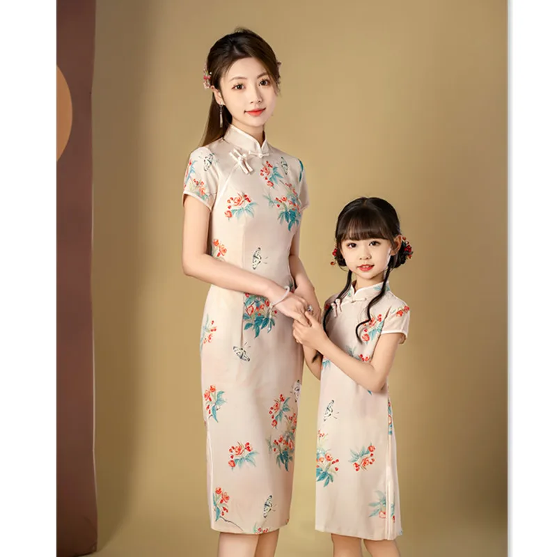 Retro Ethnic Style Parent-Child Cheongsam Qi Pao Summer New Linen Single Layer Mid-Length Girl Daily