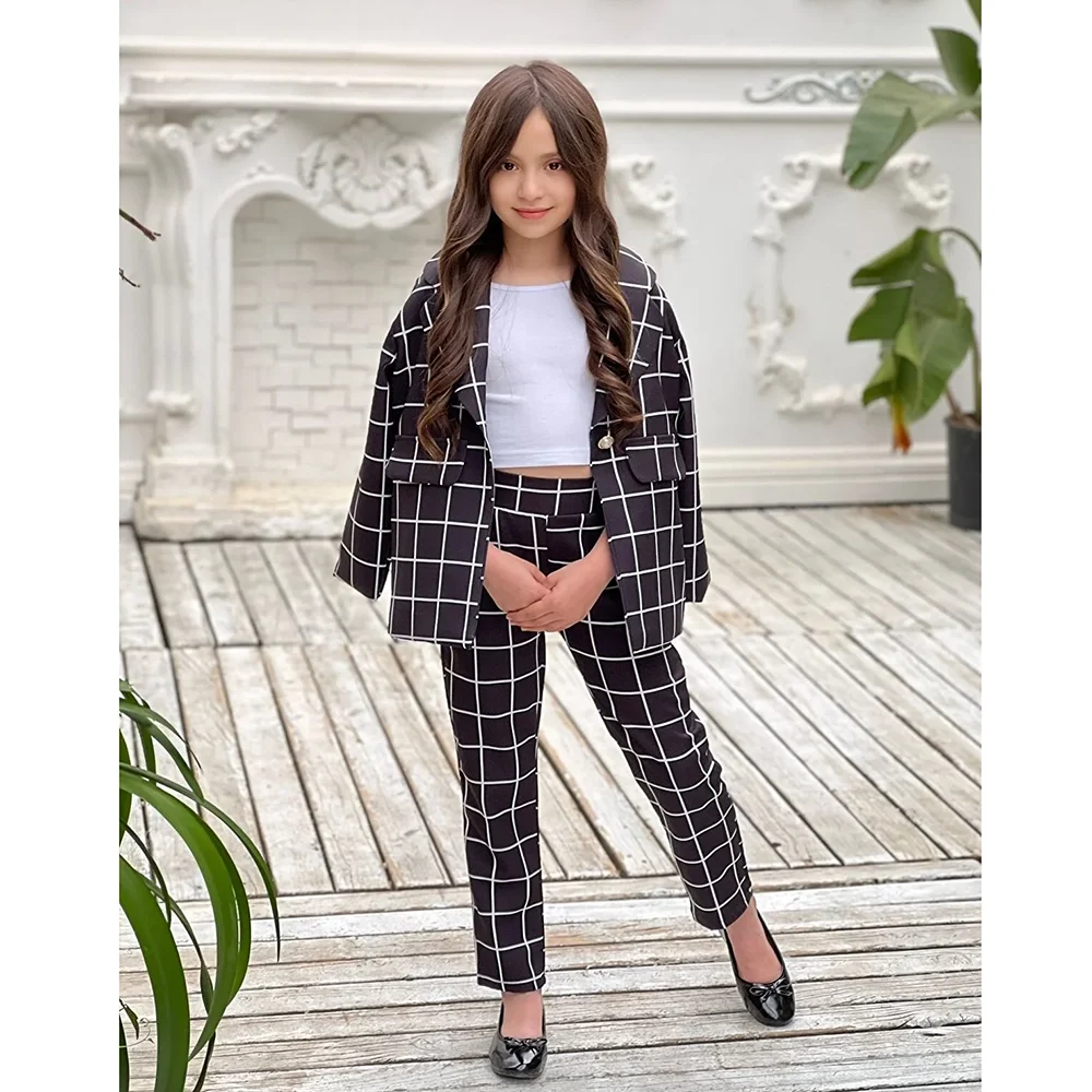 Fashion Plaid Girl Suits Single Button Cute Sets for Children 2 Pieces High Quality Casual Daily Kids Clothes (Blazer+Pants)