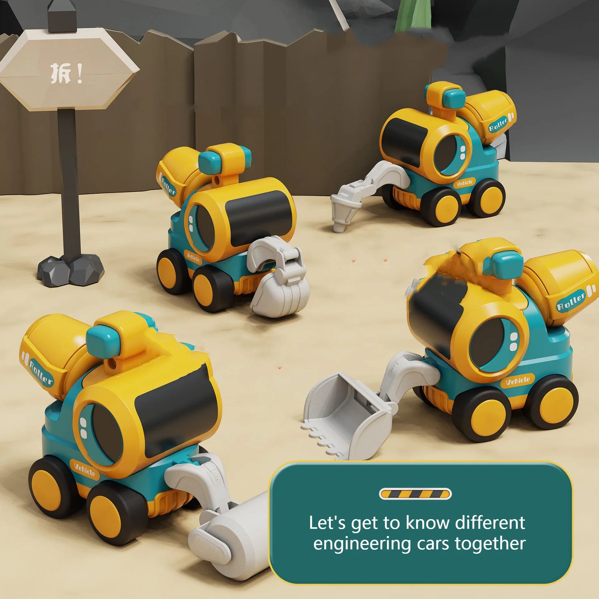 

4 Style Baby Press Toy Car Children Cute Inertia Engineering Vehicle Road Roller Bulldozer Excavator Drilling Machine Kids Gifts