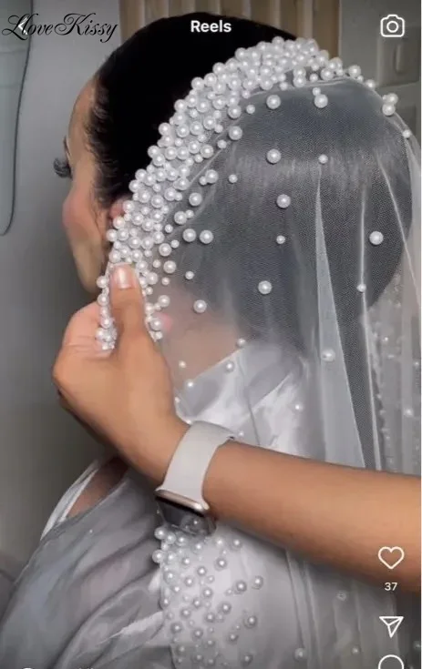 Wedding Veil for Bride Luxury Full Dense Pearls Edge Mantilla Long Bridal Veil Bride Accessories Ivory velos de novia 1 Tier