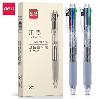 Deli 4 em 1 caneta multicolorida, 5 peças de canetas esferográficas retráteis de tinta de cores sortidas, aderência antiderrapante de 0,7 mm perfeita para escola de escritório