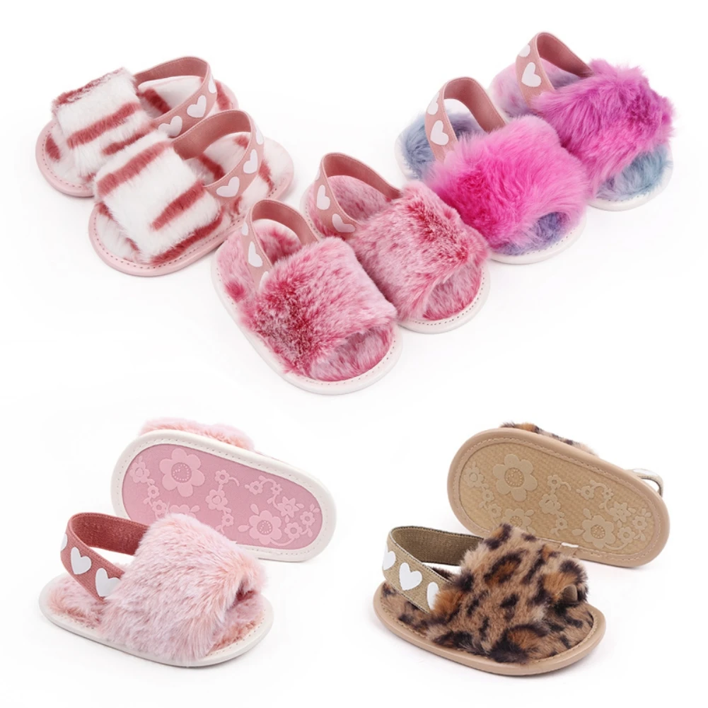 Moda neonate scarpe in pelliccia sintetica primavera Cute Infant Toddler Slipper sandali in peluche suola morbida scarpe calde cinturino posteriore