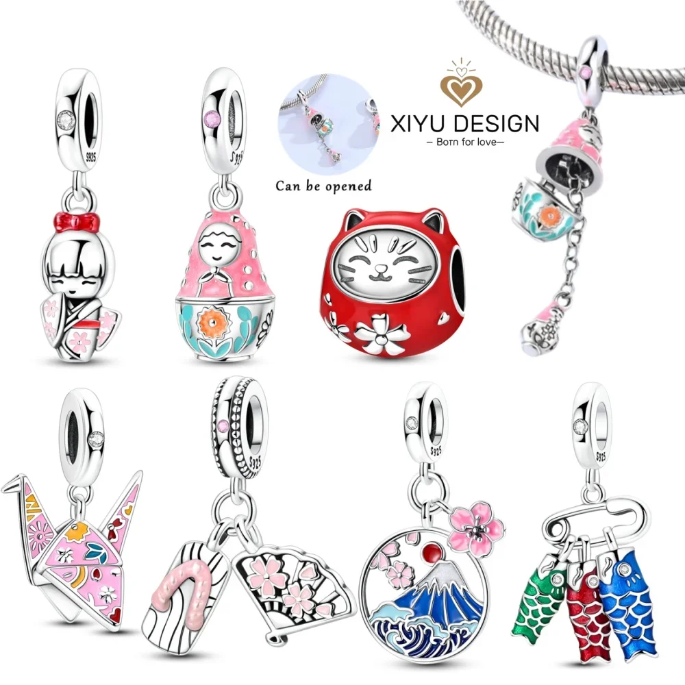 New Travel Pink Lucky Japanese Paper Crane Kimono Doll Cat Bead Charm DIY Bracelet Necklace for Women Jewelry Commemorative Gift