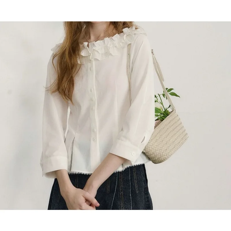 

Pure Cotton White Shirt Women's Long Sleeves One-word Shoulder Lace Design Waist Short Top