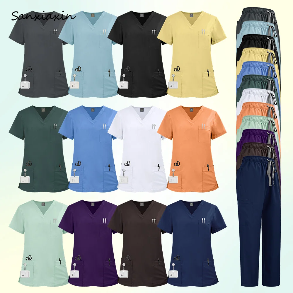 

Оптовая продажа, рабочая одежда для ухода за домашними животными, женские топы с v-образным вырезом + брюки, медицинский комплект, однотонные больничные костюмы медсестры, скрабы, униформа S-XXL