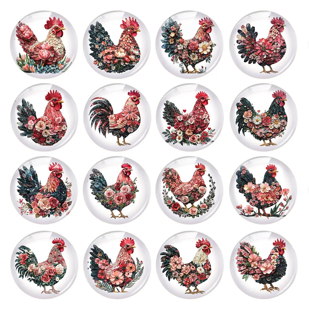 Random Mixed Round/Oval/Square Floral Collage Rooster Farm Chick Photo Glass Cabochon Flatback Demo Cameo For Diy Jewelry Making