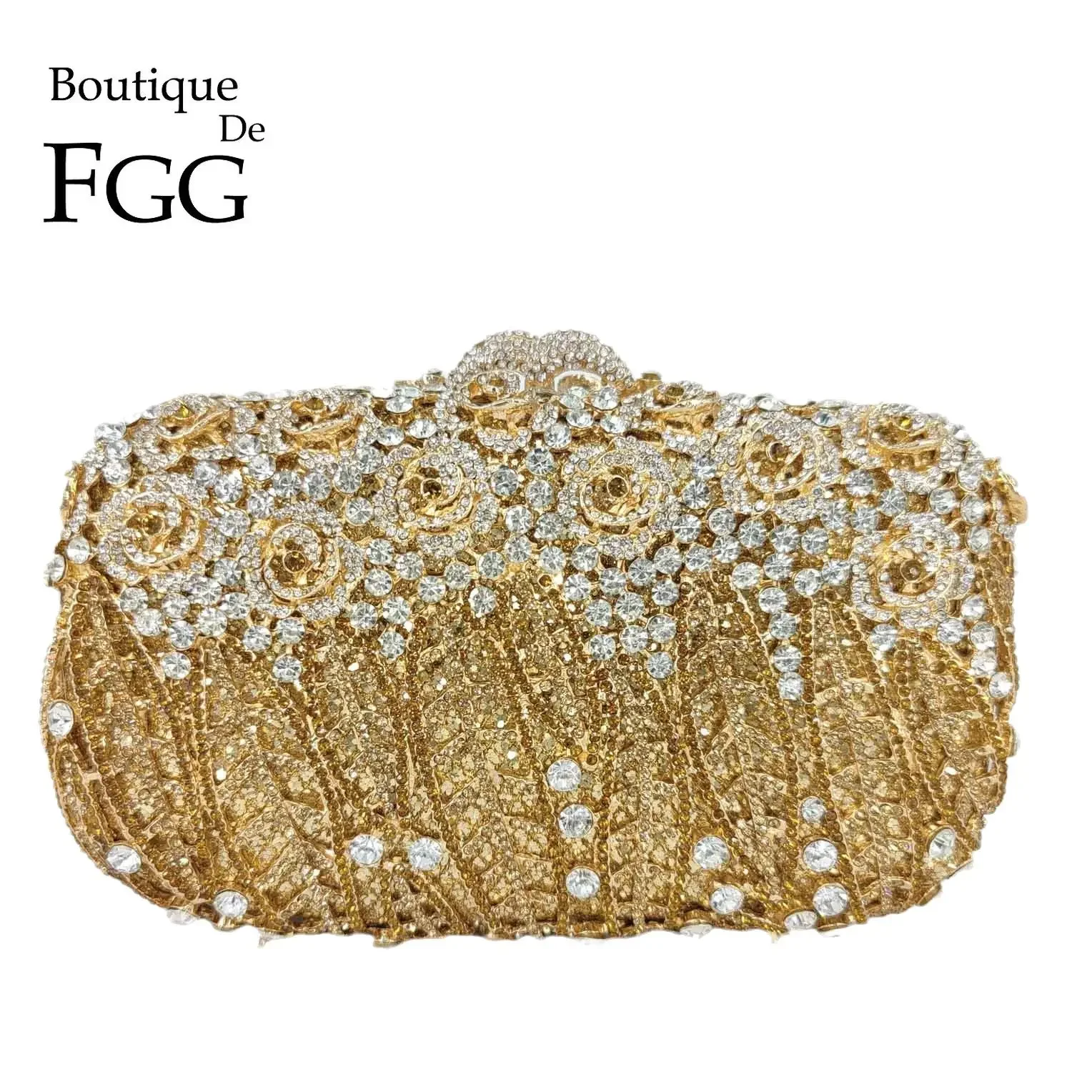 Boutique De FGG (in stock) Flower Clutch Purse Women Crystal Evening Minaudiere Bag Wedding Party Dinner Rhinestone Handbags