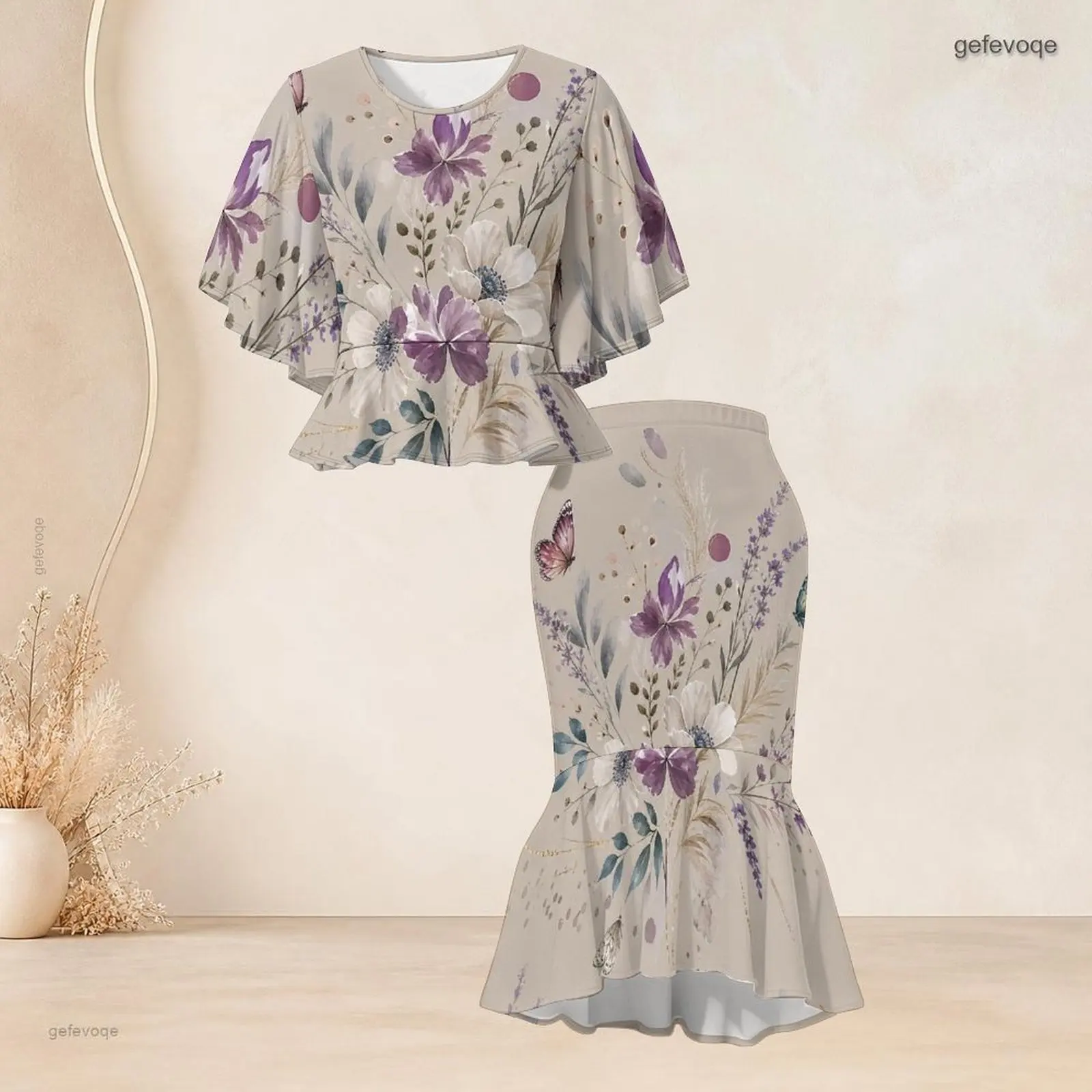 Women Printed Skirt Set Batwing Sleeve Ruffle Hem Top Fishtail Skirt Two Piece
