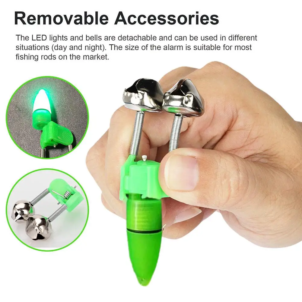 10pcs/lot Fishing Bite Alarms Fishing Rod Bell Rod Tip Clip Abs Accessory Green Outdoor Fishing Clamp Metal Bells T9s7